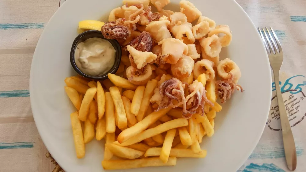 A white plate of fried potatoes, tiny octopus, squid rings and sauce on a light-coloured cloth napkin with a nautical motif. A metal fork lies next to it / Foto: Svetlana Barabanova