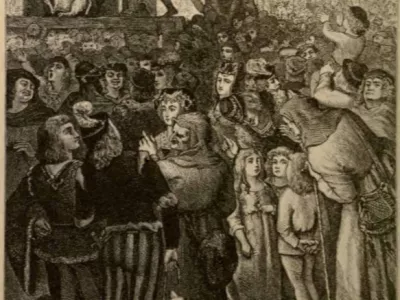 Ilustracija iz knjige Edmunda P. Evansa iz leta 1906, ki prikazuje kaznovanje pra&scaron;iča. / Foto: Wikipedia