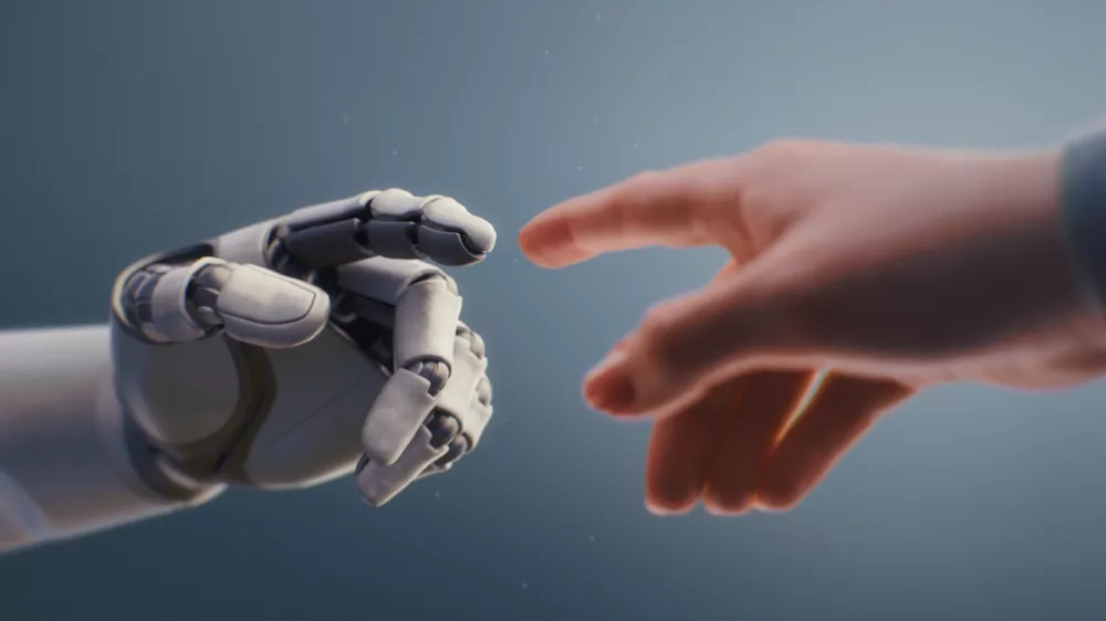 Futuristic Concept of Humanity and Artificial Intelligence Collaboration: Visualization of Humanoid Robot and Human Touching Fingertips, Creating Glowing Light. People and Robots Working Together. / Foto: Evgeniyshkolenko