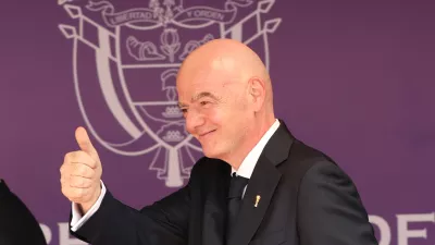 FIFA President Gianni Infantino arrives for the inauguration of Colombia's new president Abelardo de la Espriella in Cali, Colombia, Friday, Aug. 7, 2026. (AP Photo/Santiago Saldarriaga)