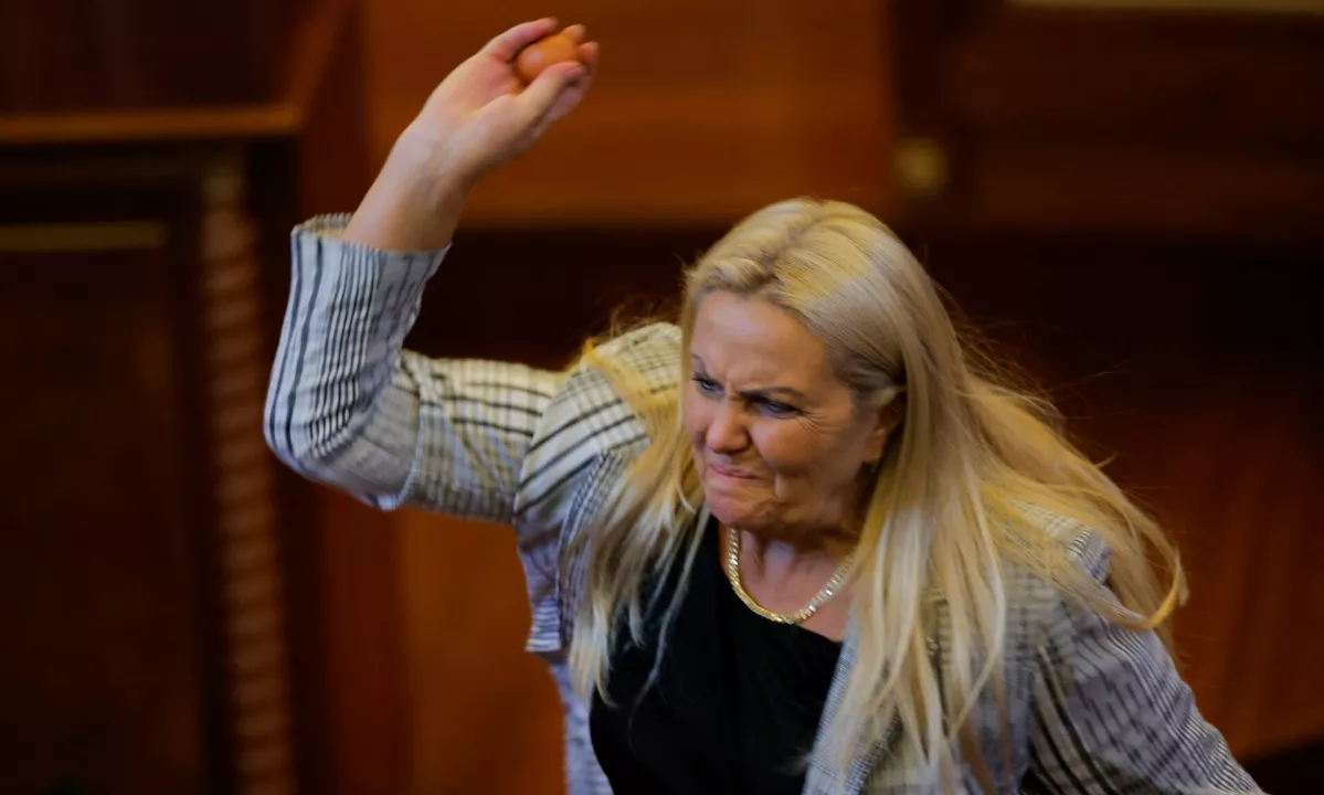 (FOTO in VIDEO) Kaos v parlamentu, poslanka Kurtija obmetavala z jajci