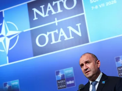 FILE PHOTO: Bulgaria's Prime Minister Rumen Radev speaks during a doorstep at the NATO leaders' summit in Ankara, Turkey, July 8, 2026. REUTERS/Yves Herman/File Photo