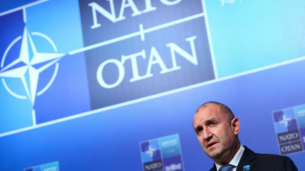 FILE PHOTO: Bulgaria's Prime Minister Rumen Radev speaks during a doorstep at the NATO leaders' summit in Ankara, Turkey, July 8, 2026. REUTERS/Yves Herman/File Photo