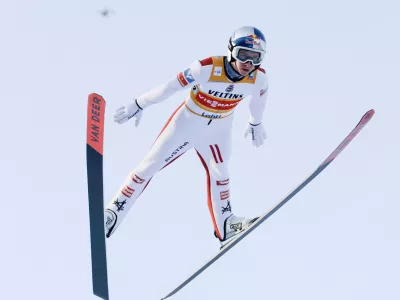 Daniel Tschofenig of Austria competes during the Ski Jumping Men's HS130 Super Team at the FIS Nordic World Cup Lahti Ski Games in Lahti,, Finland, Sunday March 8, 2026. (Petri Korteniemi/Lehtikuva via AP)