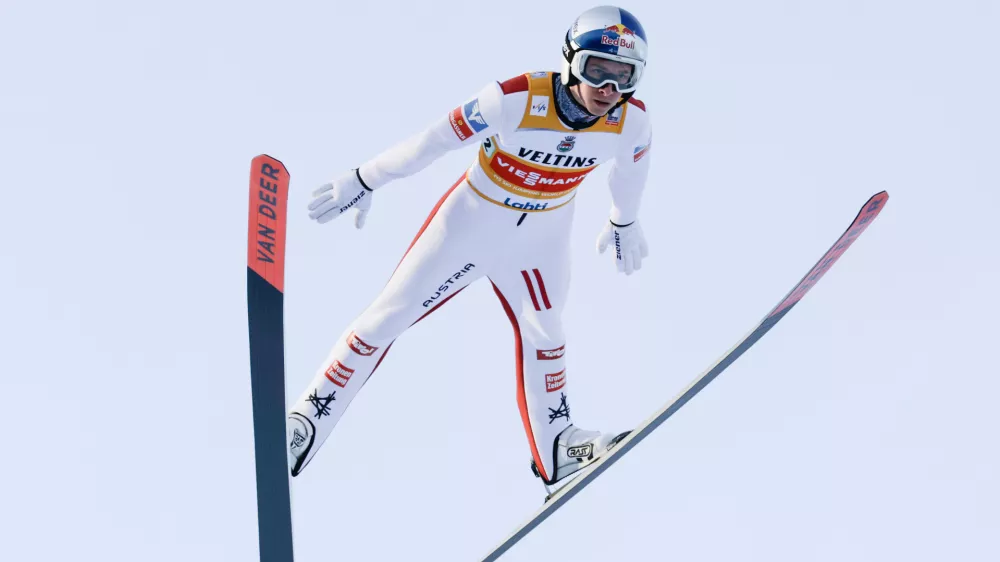 Daniel Tschofenig of Austria competes during the Ski Jumping Men's HS130 Super Team at the FIS Nordic World Cup Lahti Ski Games in Lahti,, Finland, Sunday March 8, 2026. (Petri Korteniemi/Lehtikuva via AP)