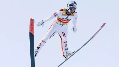 Daniel Tschofenig of Austria competes during the Ski Jumping Men's HS130 Super Team at the FIS Nordic World Cup Lahti Ski Games in Lahti,, Finland, Sunday March 8, 2026. (Petri Korteniemi/Lehtikuva via AP)