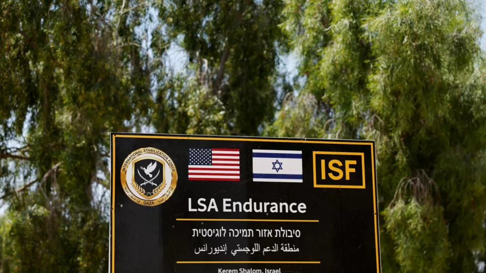 A sign at the entrance to the LSA Endurance, a logistical support and staging facility designed to support the International Stabilization Force (ISF) under the direction of the Board of Peace (BoP), near the Israel-Gaza border in the Kerem Shalom area, southern Israel, August 10, 2026. REUTERS/Amir Cohen