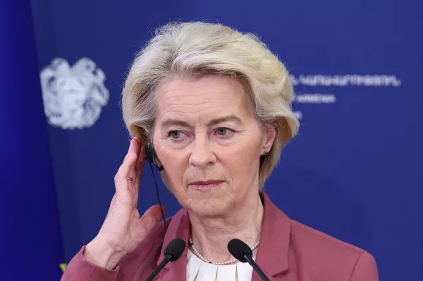 European Commission President Ursula von der Leyen listens to Armenian Prime Minister Nikol Pashinyan as they make statements during a meeting in Yerevan, Armenia, July 2, 2026. Hayk Baghdasaryan/Photolure via REUTERS ATTENTION EDITORS - THIS IMAGE HAS BEEN SUPPLIED BY A THIRD PARTY.