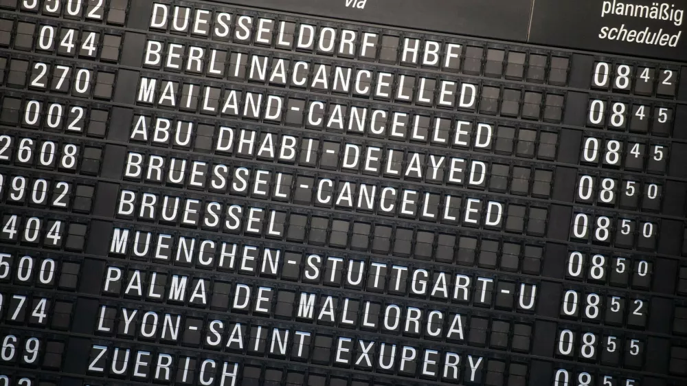 15 March 2022, Hessen, Frankfurt/Main: Numerous flights are canceled on the display board of the airport in Frankfurt. Due to a strike by security personnel, almost no regular flights are taking off in Frankfurt today. Photo: Boris Roessler/dpa,Image: 670886269, License: Rights-managed, Restrictions: GERMANY OUT, Model Release: no 
