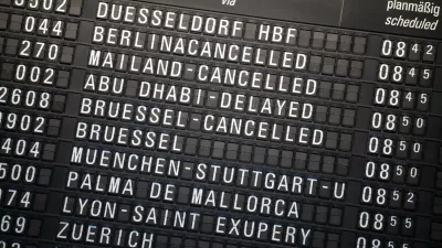 15 March 2022, Hessen, Frankfurt/Main: Numerous flights are canceled on the display board of the airport in Frankfurt. Due to a strike by security personnel, almost no regular flights are taking off in Frankfurt today. Photo: Boris Roessler/dpa,Image: 670886269, License: Rights-managed, Restrictions: GERMANY OUT, Model Release: no 