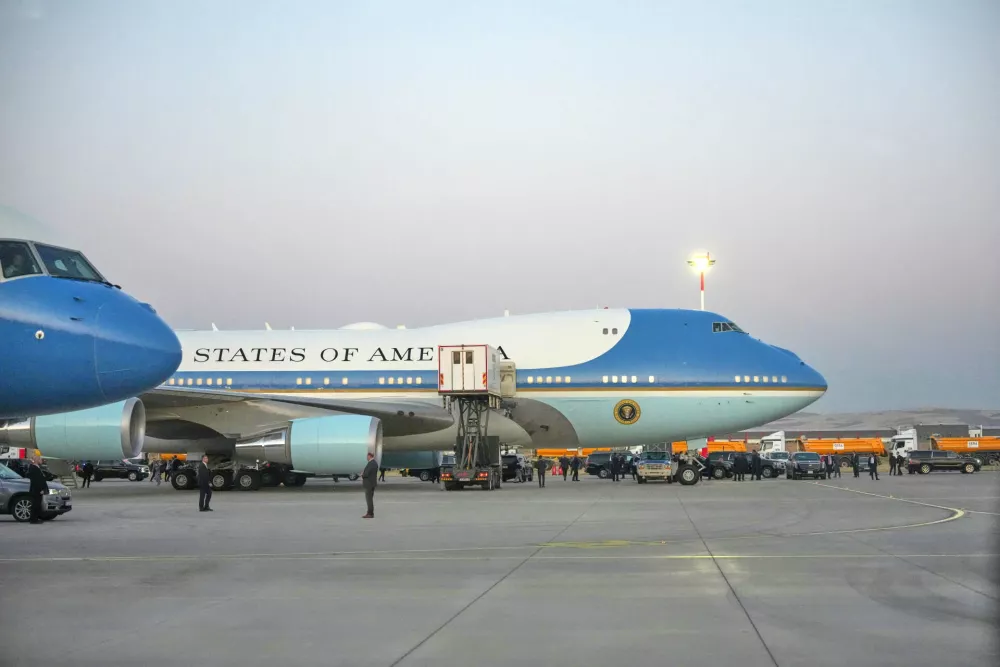 A catering truck is parked at Air Force One on the tarmac as the motorcade carrying U.S. President Donald Trump arrives on the tarmac to depart following the NATO summit at Ankara International Airport in Ankara, Turkey, Wednesday, July 8, 2026. (AP Photo/Alex Brandon)
