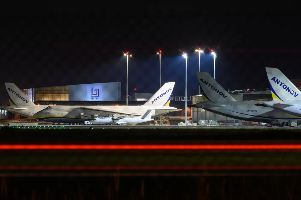 Ukrainian Antonov cargo planes are parked at Leipzig/Halle Airport in Schkeuditz, Germany, on Wednesday, Aug. 5, 2026. (Hendrik Schmidt/dpa via AP)