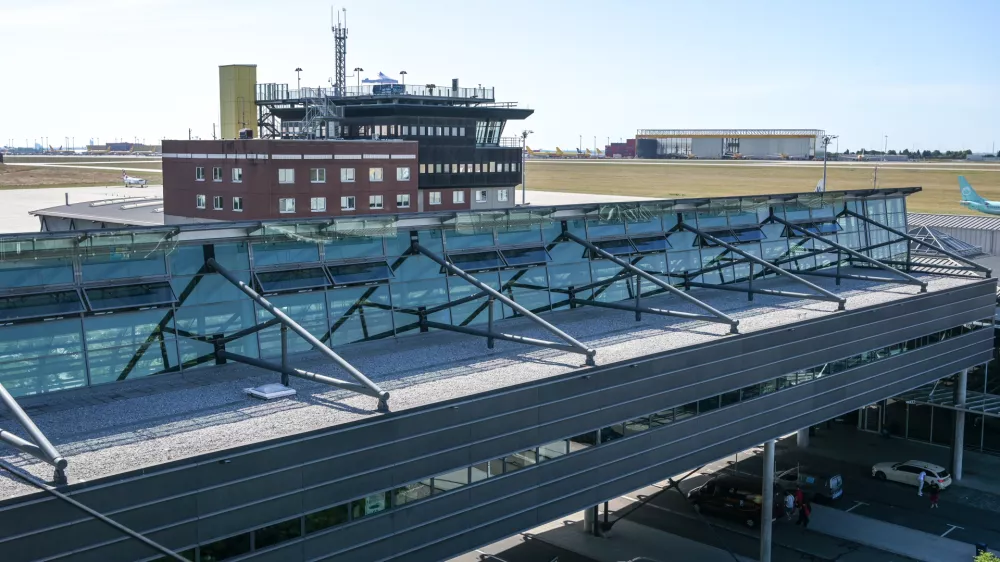 A drone defense station has been set up at the former control tower at the Leipzig/Halle Airport, in Schkeuditz, Germany, Sunday, Aug. 9, 2026. A few days ago, a drone equipped with explosives and a detonator was discovered near an Ukrainian transport aircraft. (Heiko Rebsch/dpa via AP)