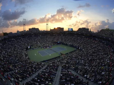 Aug 8, 2026; Toronto, Ontario, Canada; The sun sets at Sobeys Stadium during a match between Elina Svitolina and Amanda Anisimova in the fourth round at the National Bank Open. Mandatory Credit: John E. Sokolowski-Imagn Images