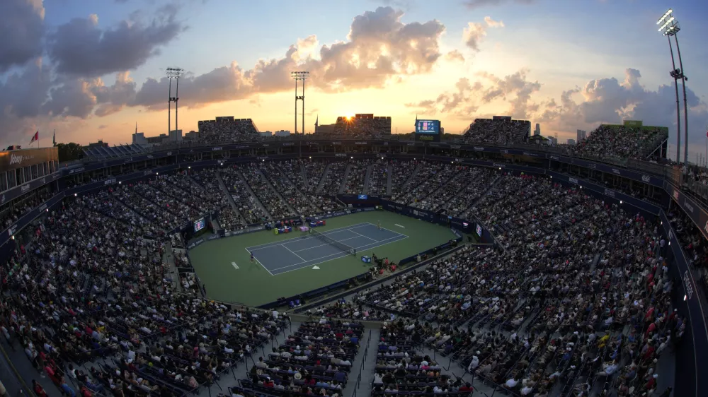 Aug 8, 2026; Toronto, Ontario, Canada; The sun sets at Sobeys Stadium during a match between Elina Svitolina and Amanda Anisimova in the fourth round at the National Bank Open. Mandatory Credit: John E. Sokolowski-Imagn Images