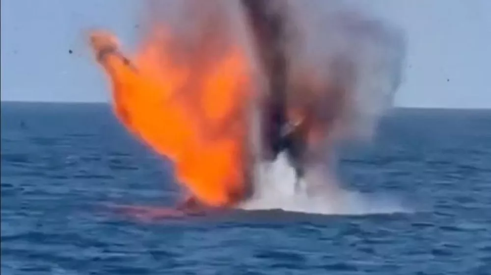 An explosion of what Romanian Defence Minister Radu Miruta said was one of two Gerbera-type drones drifting in Romania's Black Sea exclusive economic zone near the offshore gas project Neptun Deep, in this frame taken from a handout video released on August 11, 2026. Radu Miruta via Facebook/Handout via REUTERS THIS IMAGE HAS BEEN SUPPLIED BY A THIRD PARTY. NO RESALES. NO ARCHIVES