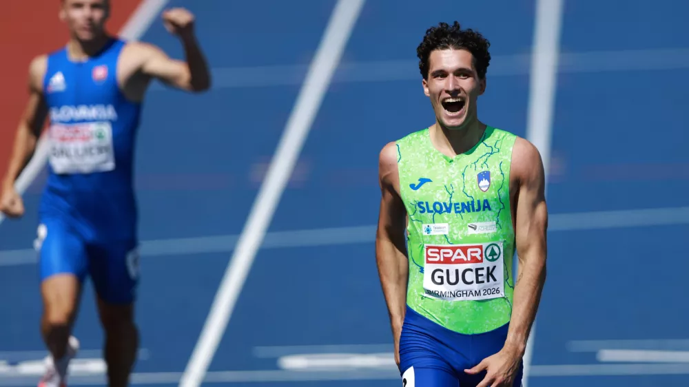 Matic Ian Gucek of Slovenia reacts after placing second in a men's 400 meters hurdles semifinal at the European Athletics Championships in Birmingham, England, Wednesday, Aug. 12, 2026. (AP Photo/Morgan Harlow)