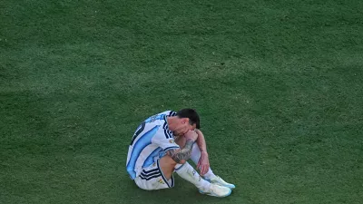 Argentina's Lionel Messi (10) reacts after the World Cup final soccer match between Spain and Argentina in East Rutherford, N.J., near New York, Sunday, July 19, 2026. (AP Photo/Matt Rourke)