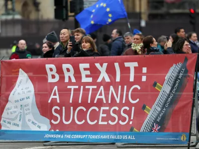 Anti-Brexit demonstrators protest near the Houses of Parliament in London, Britain, January 31, 2024. REUTERS/Toby Melville
