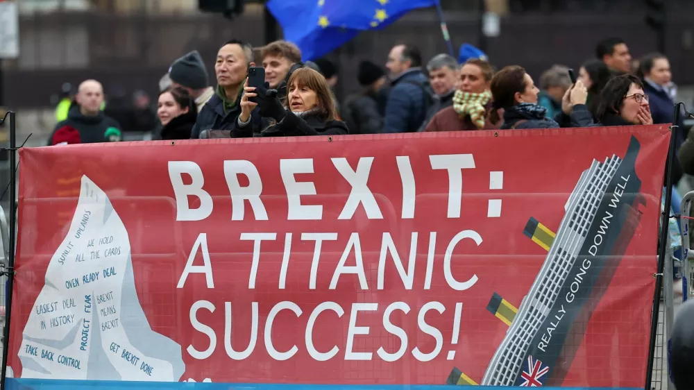 Anti-Brexit demonstrators protest near the Houses of Parliament in London, Britain, January 31, 2024. REUTERS/Toby Melville