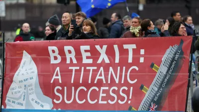 Anti-Brexit demonstrators protest near the Houses of Parliament in London, Britain, January 31, 2024. REUTERS/Toby Melville