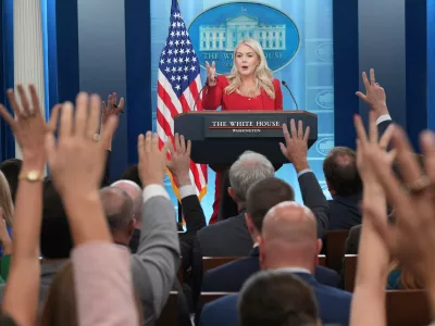 FILE - White House press secretary Karoline Leavitt speaks with reporters in the James Brady Press Briefing Room at the White House, July 23, 2026, in Washington. (AP Photo/Alex Brandon, File)