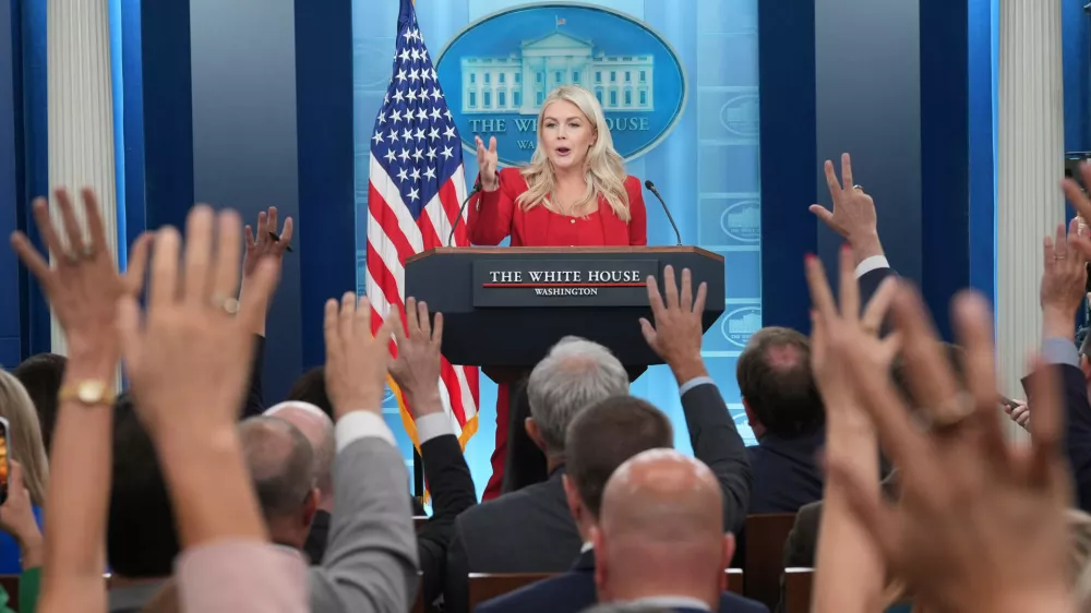 FILE - White House press secretary Karoline Leavitt speaks with reporters in the James Brady Press Briefing Room at the White House, July 23, 2026, in Washington. (AP Photo/Alex Brandon, File)