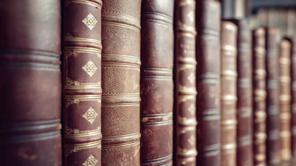 Old leather bound vintage books in a row