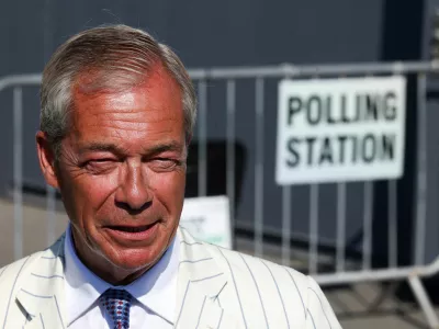 Britain's Reform UK party leader Nigel Farage outside a polling station on the day of the Clacton by-election, triggered by his own resignation, in Walton-on-the-Naze, Essex, Britain, August 13, 2026. REUTERS/Toby Shepheard
