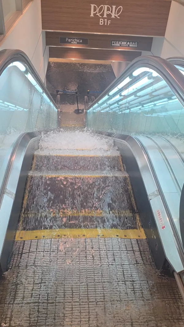 Water gushes down an escalator at the Perie Chiba Mall, after heavy rain in Chiba, Chiba Prefecture, Japan, August 13, 2026, in this screen grab obtained from a social media video. Video obtained by Reuters/via REUTERS THIS IMAGE HAS BEEN SUPPLIED BY A THIRD PARTY. NO RESALES. NO ARCHIVES. VERIFICATION: - Stairs, railings, escalators and signage matched archive imagery of the area. - Date verified from original file metadata.