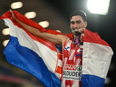 Athletics - European Athletics Championships - Alexander Stadium, Birmingham, Britain - August 13, 2026 Silver medallist Croatia's Marino Bloudek celebrates after finishing second the Men's 800m Final REUTERS/Dylan Martinez
