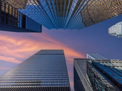 Toronto financial business district skyline. Skycrapers and corporate office buildings that hosts international corporations, banks and businesses
