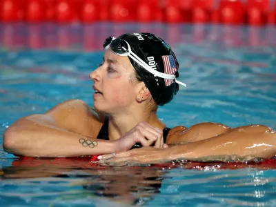 IRVINE, CALIFORNIA - AUGUST 15: Kate Douglass of Team United States looks on after competing in the Women's 200m Breaststroke Final on Day 4 of the Pan Pacific Swimming Championships at William Woollett Jr. Aquatics Center on August 15, 2026 in Irvine, California. Maddie Meyer,Image: 1123944201, License: Rights-managed, Restrictions:, Model Release: no 