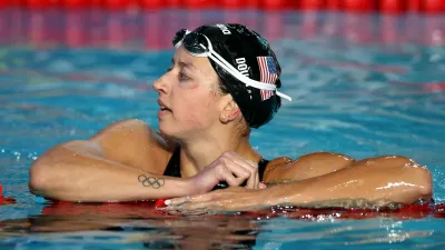 IRVINE, CALIFORNIA - AUGUST 15: Kate Douglass of Team United States looks on after competing in the Women's 200m Breaststroke Final on Day 4 of the Pan Pacific Swimming Championships at William Woollett Jr. Aquatics Center on August 15, 2026 in Irvine, California. Maddie Meyer,Image: 1123944201, License: Rights-managed, Restrictions:, Model Release: no 