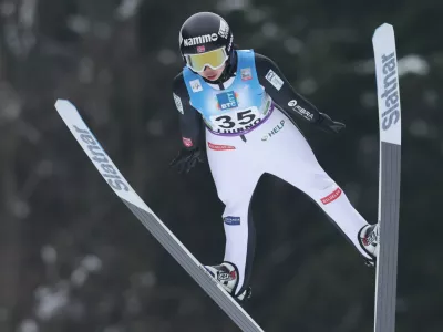 LJUBNO, Feb. 16, 2025 -- Thea Minyan Bjoerseth of Norway competes during the Women Normal Hill HS94 Individual at the Viesmann FIS Ski Jumping World Cup in Ljubno, Slovenia, Feb. 15, 2025.,Image: 964599508, License: Rights-managed, Restrictions:, Model Release: no 