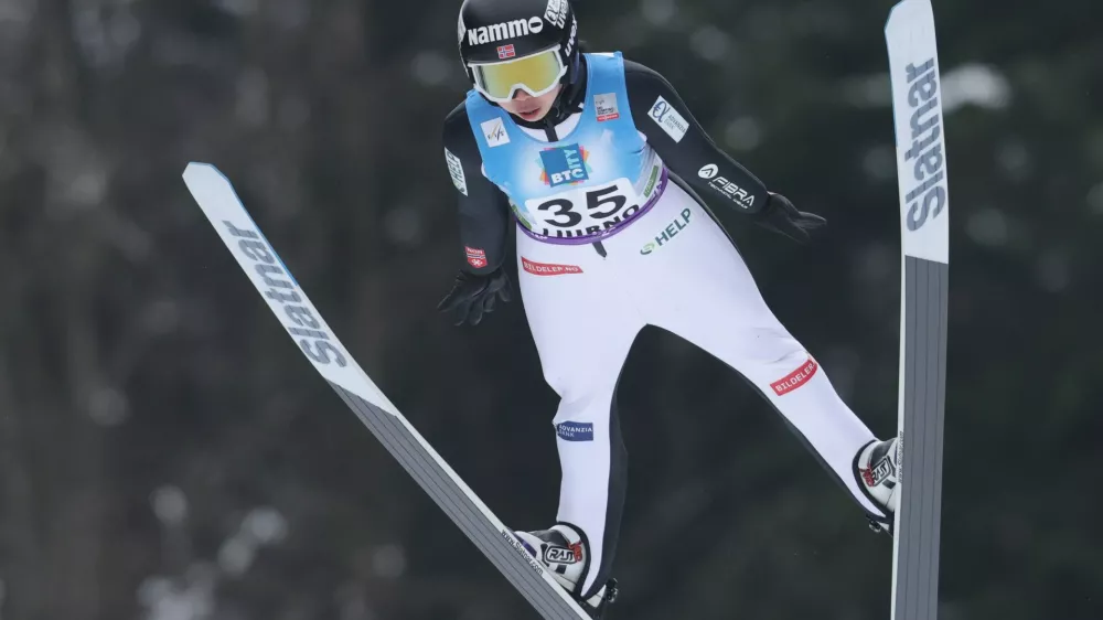 LJUBNO, Feb. 16, 2025 -- Thea Minyan Bjoerseth of Norway competes during the Women Normal Hill HS94 Individual at the Viesmann FIS Ski Jumping World Cup in Ljubno, Slovenia, Feb. 15, 2025.,Image: 964599508, License: Rights-managed, Restrictions:, Model Release: no 