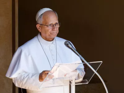 Pope Leo leads the Angelus prayer in Piazza della Liberta in Castel Gandolfo, near Rome, Italy, August 16, 2026. REUTERS/Remo Casilli