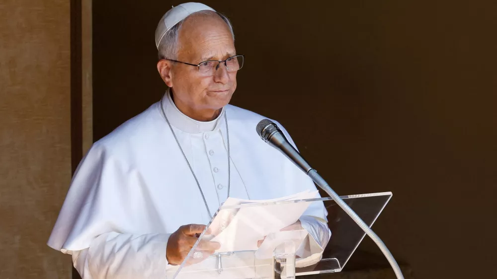 Pope Leo leads the Angelus prayer in Piazza della Liberta in Castel Gandolfo, near Rome, Italy, August 16, 2026. REUTERS/Remo Casilli