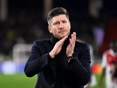 FILE - Monaco's then head coach Sebastien Pocognoli applauds after the Champions League opening phase soccer match between Monaco and Juventus in Monaco, Wednesday, Jan. 28, 2026. (AP Photo/Philippe Magoni, File)