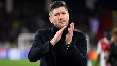 FILE - Monaco's then head coach Sebastien Pocognoli applauds after the Champions League opening phase soccer match between Monaco and Juventus in Monaco, Wednesday, Jan. 28, 2026. (AP Photo/Philippe Magoni, File)