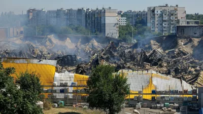 Burnt-out hypermarket following an overnight Ukrainian drone strike, in the course of the Russia-Ukraine conflict in Donetsk, a Russian-controlled city of Ukraine, August 16, 2026. REUTERS/Alexander Ermochenko   TPX IMAGES OF THE DAY