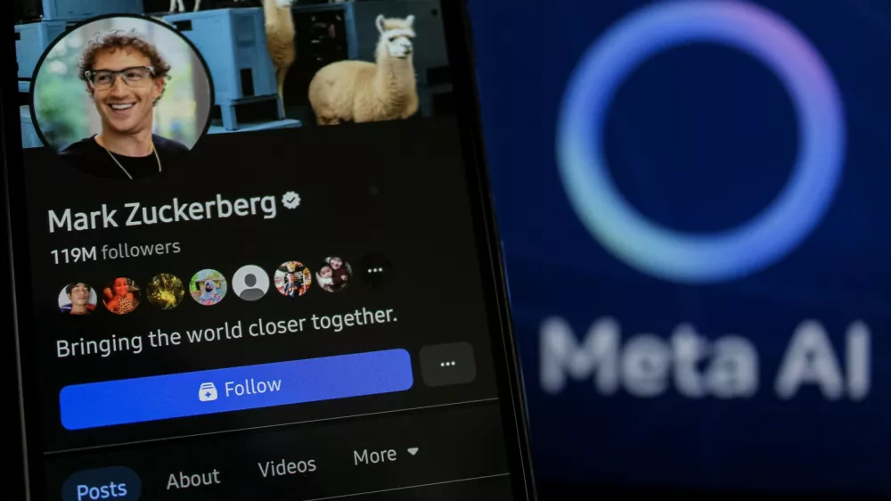 February 25, 2025, Bandung, West Java, Indonesia: In this photo illustration, the Mark Zuckerberg facebook account profiles displayed on a smartphone screen with Meta AI in the background.,Image: 968652813, License: Rights-managed, Restrictions:, Model Release: no