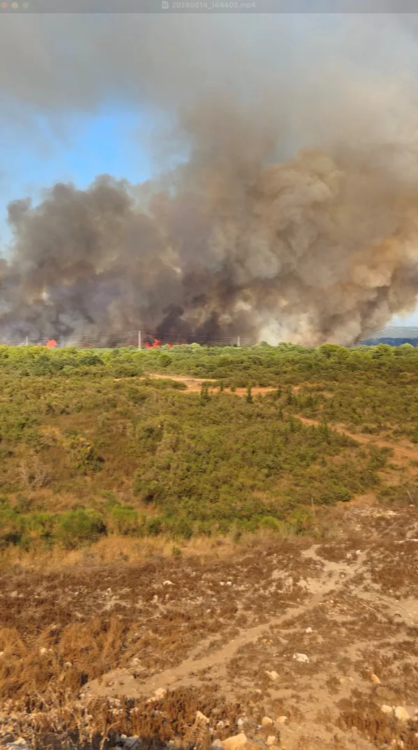 Smoke from a wildfire rises in Zadar, Croatia, August 14, 2026, in this screen grab obtained from a social media video. DOMINIK BRKLJACA/via REUTERS THIS IMAGE HAS BEEN SUPPLIED BY A THIRD PARTY. MANDATORY CREDIT. NO RESALES. NO ARCHIVES. Verification: -Buildings, terrain and roads that matched the archive and satellite imagery of the area -Coordinates: 44.162936, 15.227675 -Original file metadata -Croatian Fire Service reports of the fire