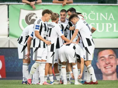 Mura players celebrating during the match between Brinje and Mura in the 5th round of the Prva Liga Telemach 2026/27 on August 16, 2026, at Brinje Grosuplje, Slovenia. Photo: Loris Cipot