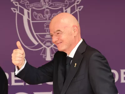 FIFA President Gianni Infantino arrives for the inauguration of Colombia's new president Abelardo de la Espriella in Cali, Colombia, Friday, Aug. 7, 2026. (AP Photo/Santiago Saldarriaga)