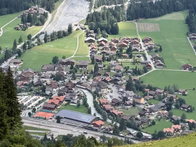 Areal view of the village center of Kandersteg, Switzerland, Tuesday, Aug. 4, 2026. (AP Photo/Hernan Munoz)