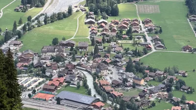 Areal view of the village center of Kandersteg, Switzerland, Tuesday, Aug. 4, 2026. (AP Photo/Hernan Munoz)