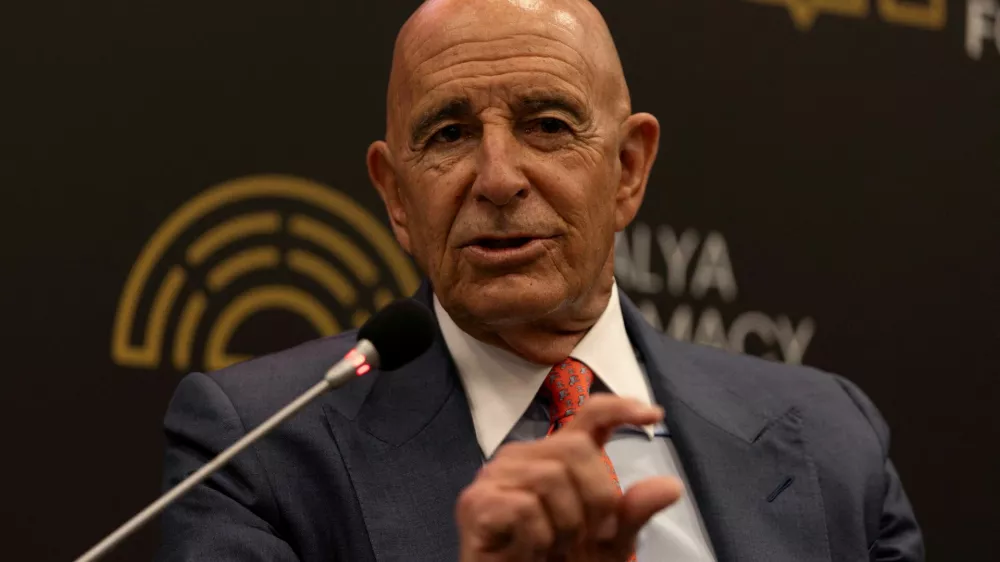 FILE PHOTO: U.S. Special Envoy for Syria and Ambassador to Turkey Tom Barrack speaks during a session at Antalya Diplomacy Forum in Antalya, Turkey, April 17, 2026. REUTERS/Umit Bektas/File Photo