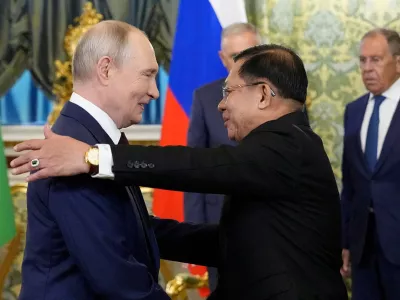 Russian President Vladimir Putin welcomes Myanmar President Min Aung Hlaing during a meeting at the Grand Kremlin Palace in Moscow, Russia, August 18, 2026. Alexander Zemlianichenko/Pool via REUTERS/Pool via REUTERS