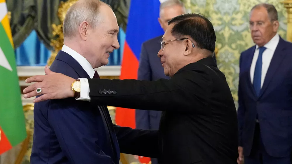 Russian President Vladimir Putin welcomes Myanmar President Min Aung Hlaing during a meeting at the Grand Kremlin Palace in Moscow, Russia, August 18, 2026. Alexander Zemlianichenko/Pool via REUTERS/Pool via REUTERS